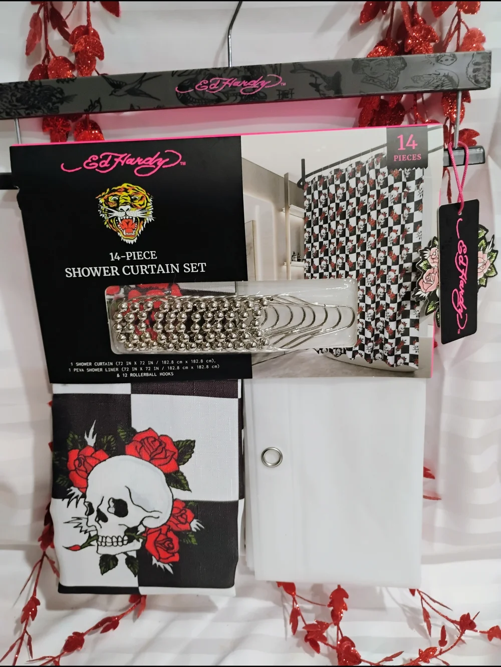Ed Hardy Black, White & Red Checker Rose Shower Curtain Set